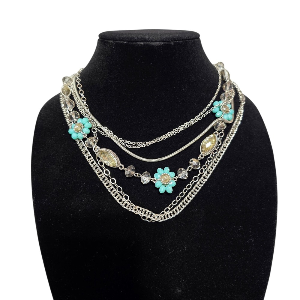 Simply Vera Wang Layered Necklace Turquoise‎ Flower Silver Tone Chain Jewelry